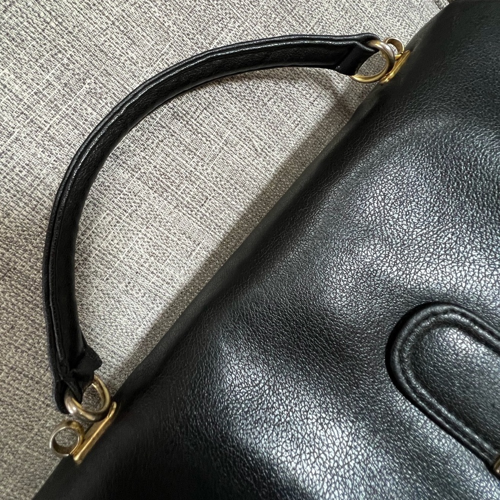 Vintage 1950s Pebble Leather Top Handle Mid-Century Structured Black Satchel Bag - Picture 10 of 16